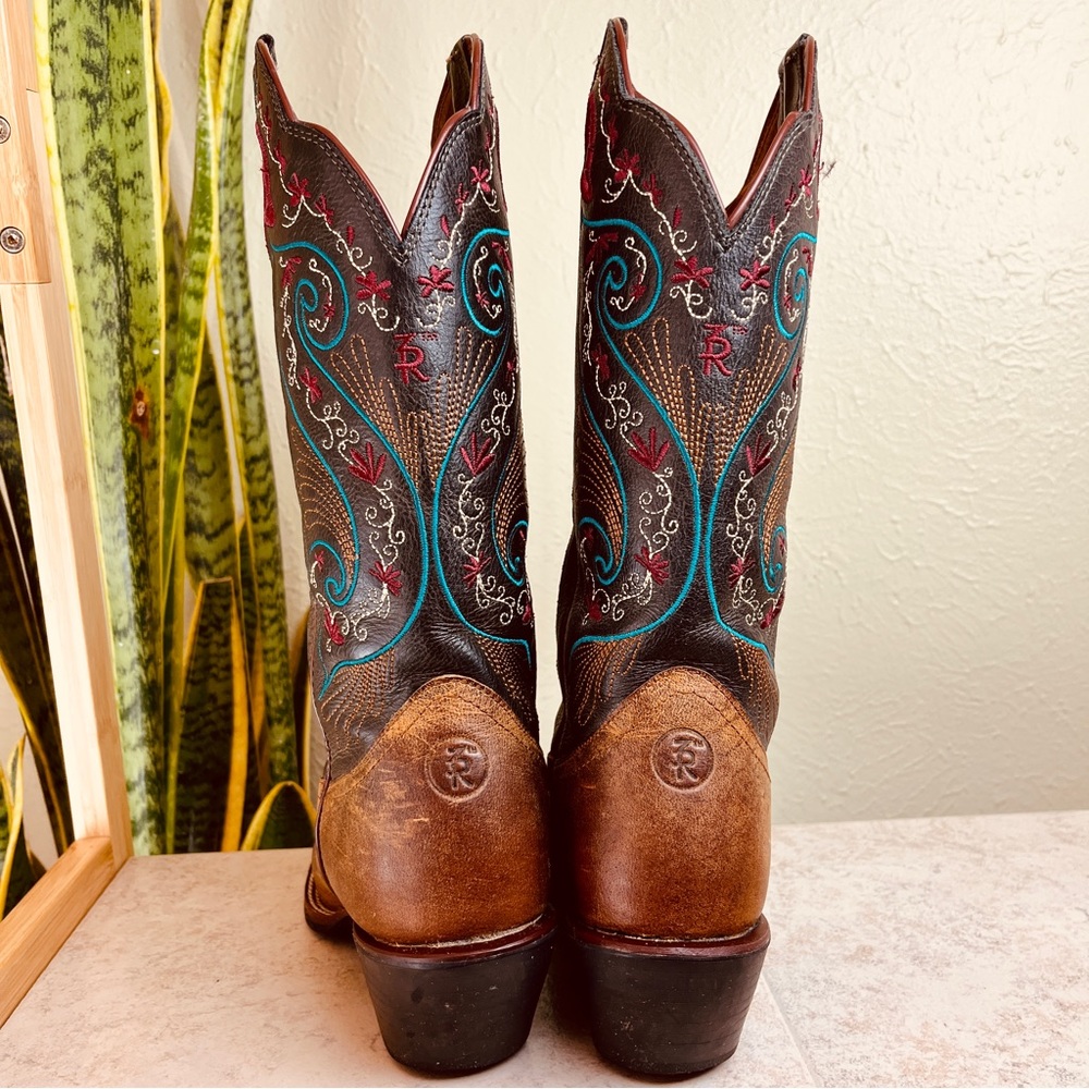 Tony Lama Brown Leather Western Heeled Boots with Turquoise & Red Embroidery - Picture 7 of 15